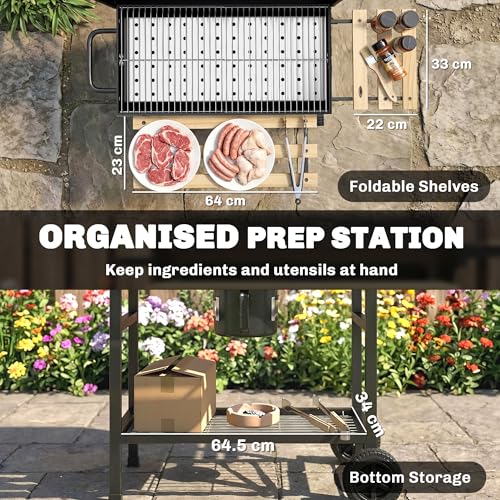 Outsunny Charcoal Grill, Barrel BBQ Smoker with Warming Rack, Movable Charcoal BBQ Grill with Foldable Shelves, Thermometer, Wheels for Outdoor Cooking, Camping Party, Natural Wood and Black - Image 4