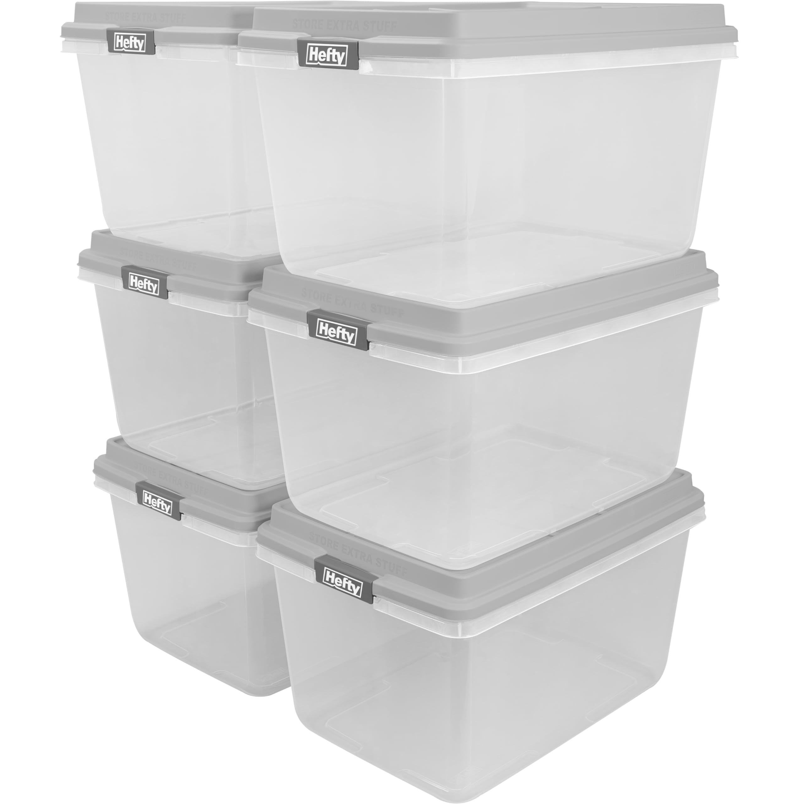 Hefty 72 Qt Hi-Rise Storage Bin with Lid, Stackable Plastic Storage Container, Organizer for Home, Garage & Closet, 6 Pack, Gray