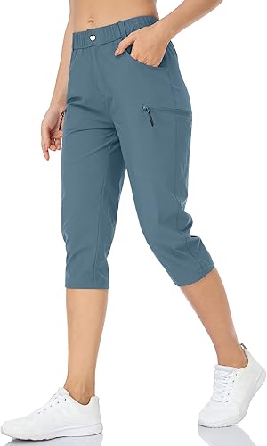 Pantalones de senderismo para mujer, ligeros, para exteriores, estilo capri para atletismo, casual, con UPF 50, bolsillos con cremallera de secado