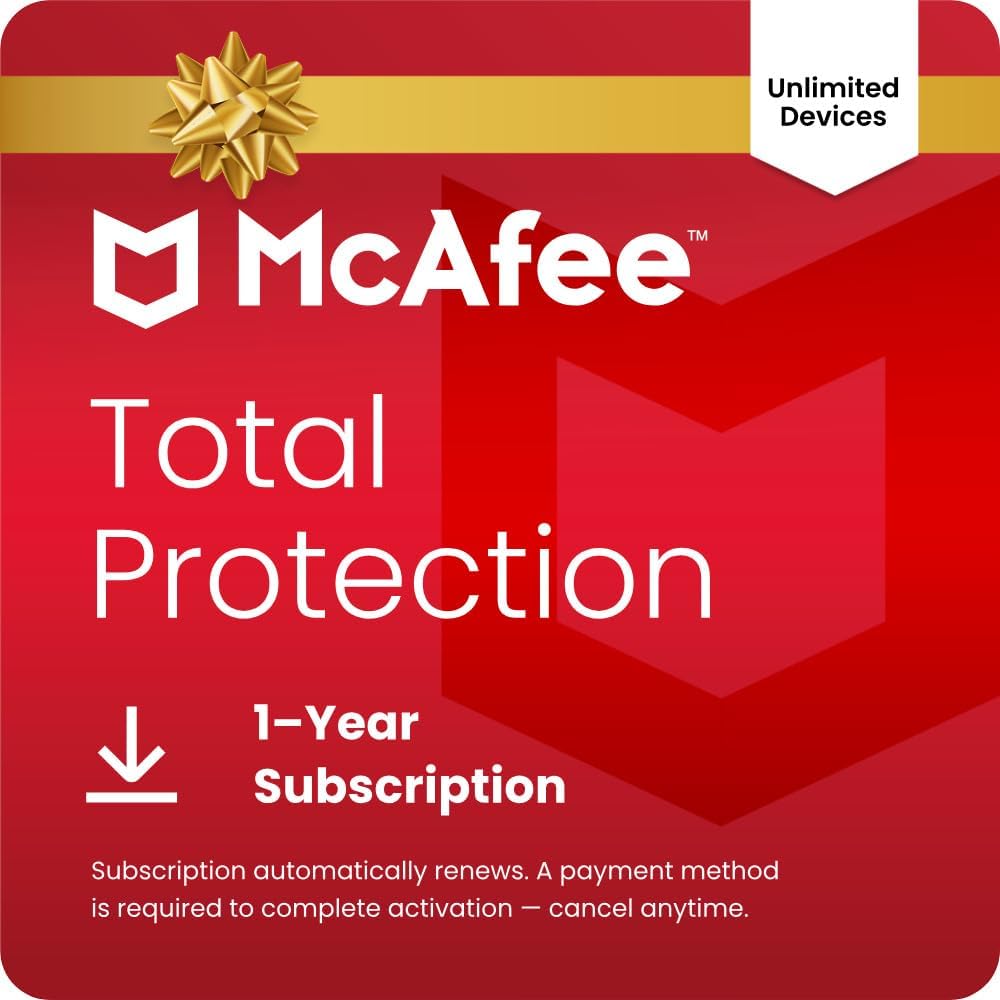 McAfee Total Protection Unlimited Devices 2025 | Security Software Includes Antivirus, Secure VPN, Scam Protection, Identity Monitoring | 1-Year Subscription with Auto-Renewal | Download