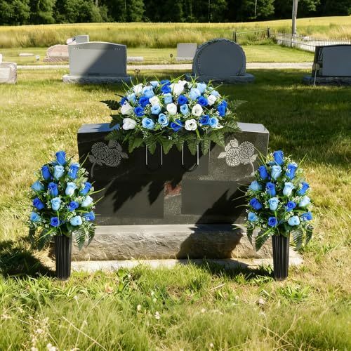 Artificial Cemetery Flowers Saddle, Grave Flowers Rose for Cemetery, Memorial Headstone Flowers Saddle for Grave Tombstone Decorations (1, Blue & White) image 1