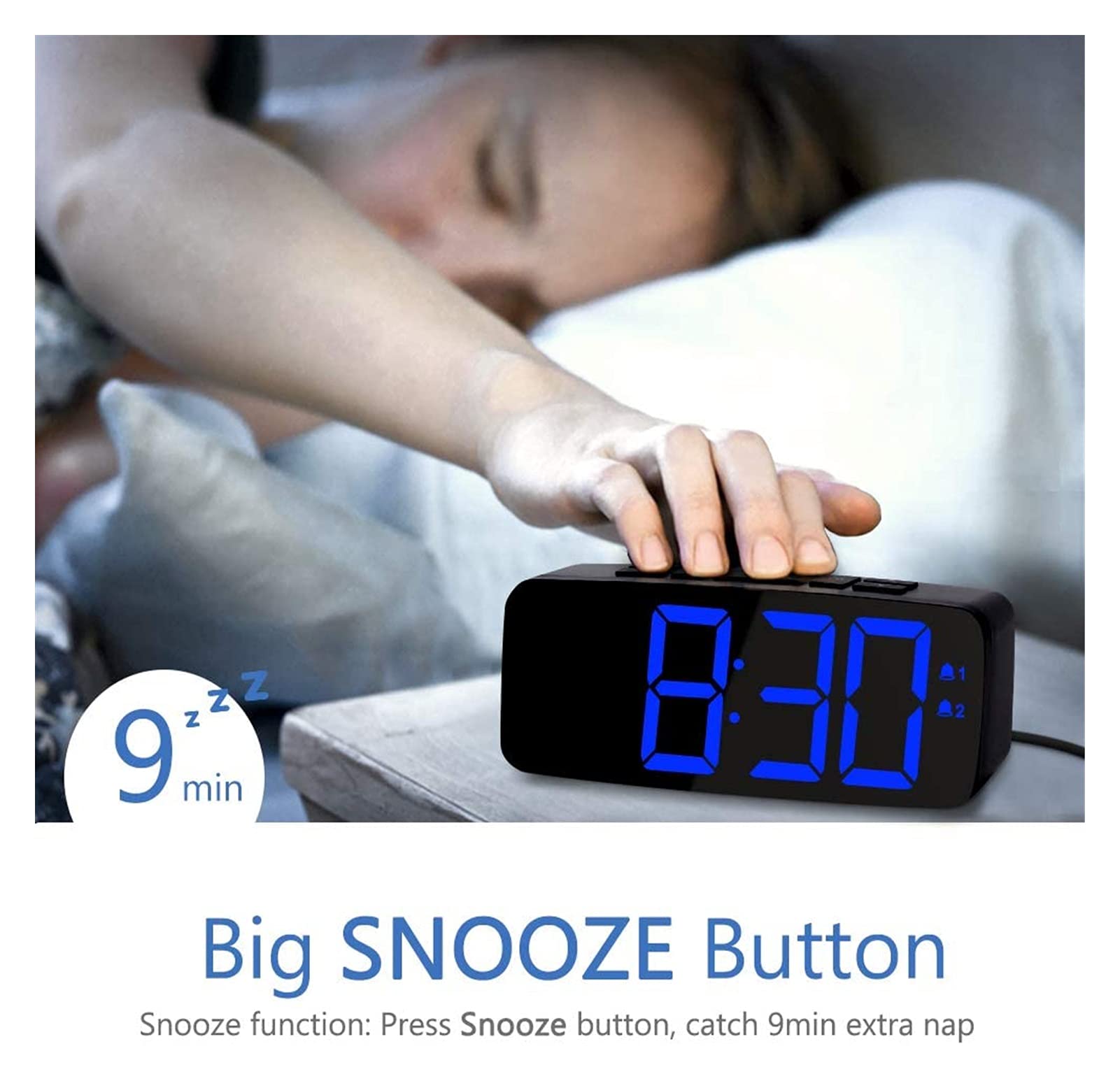 JJJ WTL Despertador Reloj de Alarma Digital 6,3 Pulgadas DIRIGIÓ Relojes de Noche Relojes 2 Alarmas de 6 Niveles Brillo Snooze Función 12 / 24H Mostrar Red eléctrica con Adaptador