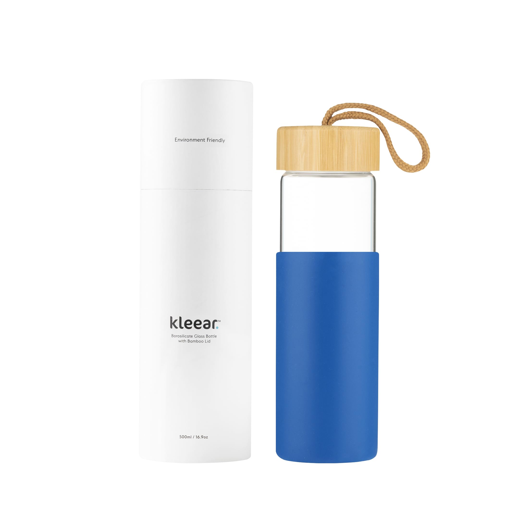 Kleear Blue Borosilicate Glass Water Bottle With Protective Silicone Sleeve, Bamboo Lid And Carrying Loop | Office, Yoga, Gym, Exercise, Travel Friendly, 500Ml, Leakproof, Bpa-Free, Dishwasher Safe.(Blue)