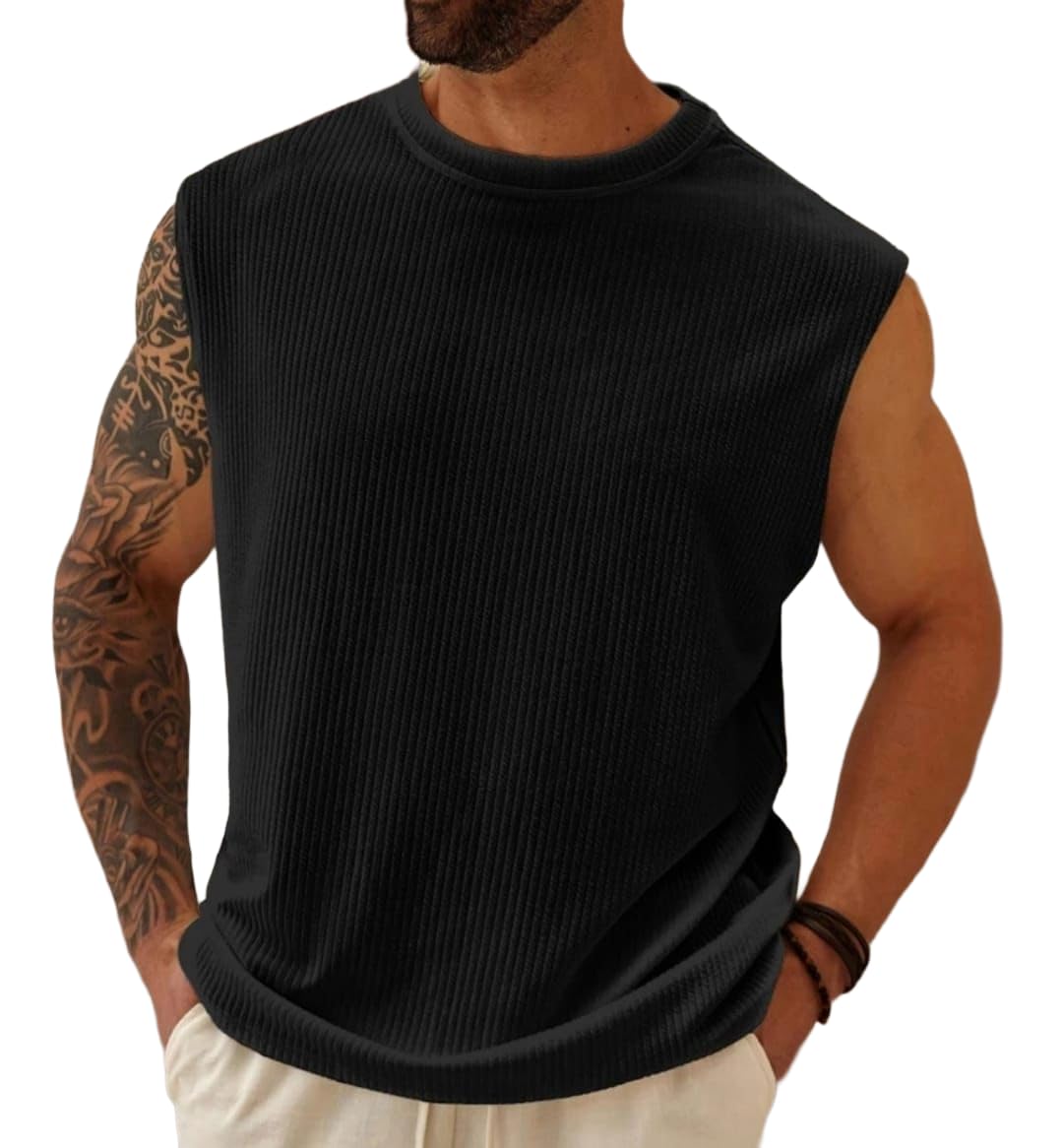 Men's Ribbed Gym Vest, Sleeveless Crew Neck Tank Top, Teal, Casual Workout Muscle Shirt-picture-15
