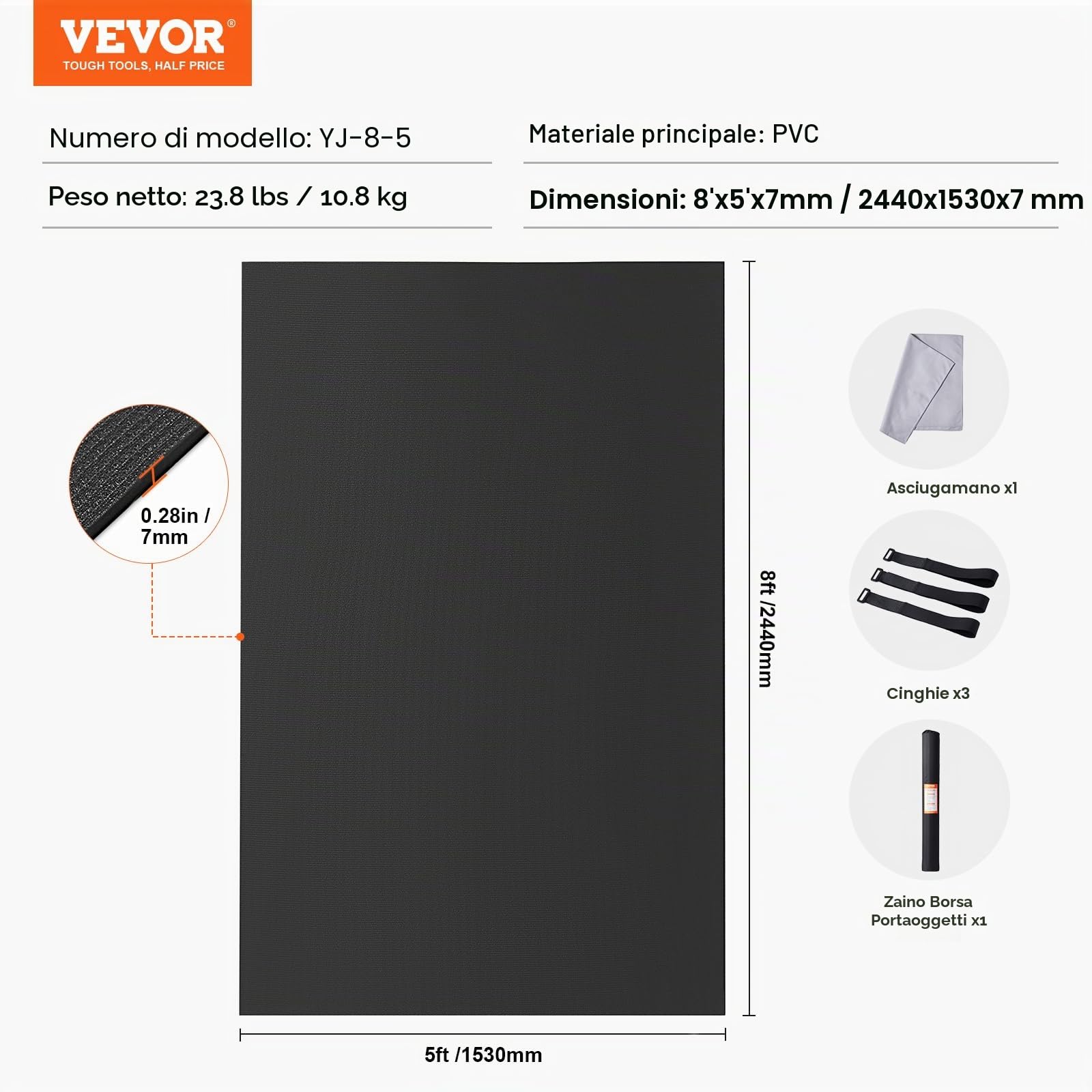 VEVOR Tappetino per Esercizi Yoga Premium ad Alta Densità Antiscivolo Tappetino per Fitness Esercizi con Borsa e Tracolla, per Tutti i Tipi di Yoga a Casa, Pilato e Allenamento a Terra 2440x1530 mm