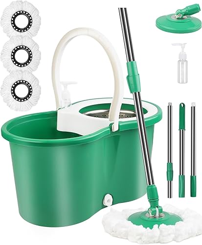 Trapeador y cubo para el hogar manos libres con juego de escurridor, juego de cubo giratorio de 360 con 3 cabezales de repuesto de microfibra y