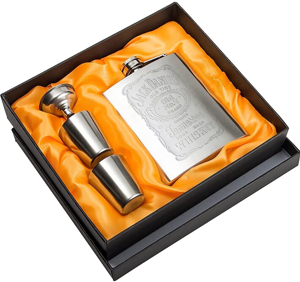 SYOSIHip Flasks for Liquor Set, Premium Stainless Hip Flask with 2 Cups and Funnel Gift Box Pocket Friendly Pocket Drinking Flask for Men and Women (Silver 210ml)