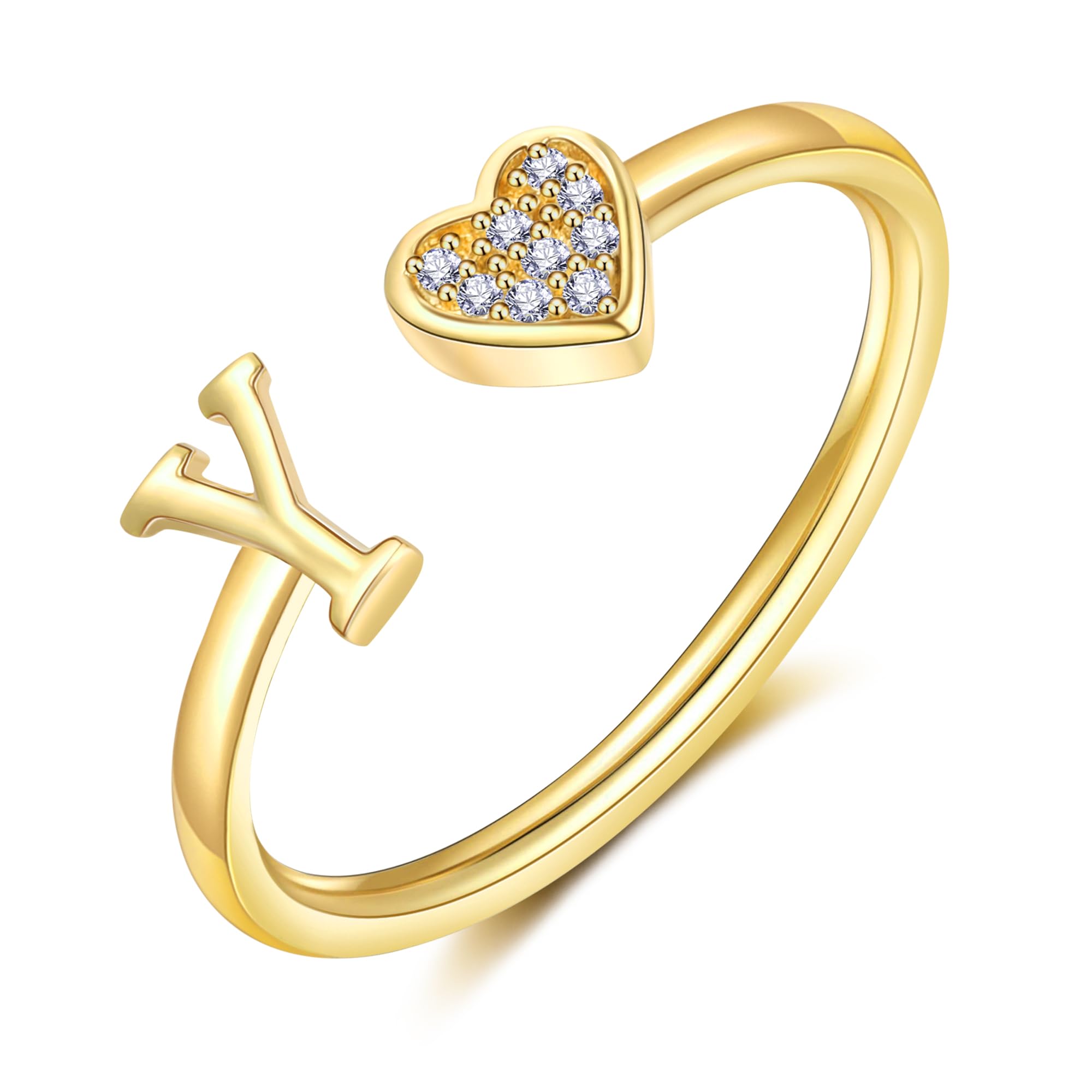 WFYOU Heart Initial Ring for Women Silver Rose Gold Plated Heart Capital Letter Initial Ring Stackable Rings for Women Adjustable Alphabet Letter