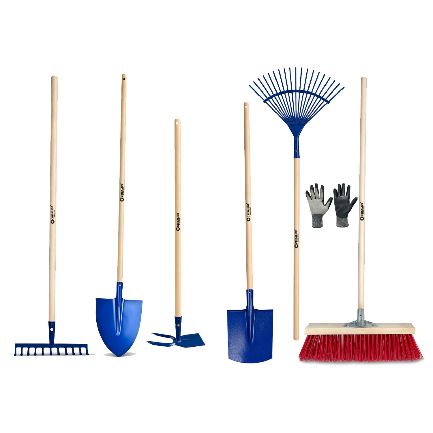 Crisalide® Juego completo de jardinería de 7 piezas – Escoba industrial, guantes, rastrillo hojas, pala, azada, rastrillo de 12 dientes, pala puntiaguda, herramientas resistentes para huerto, jardín