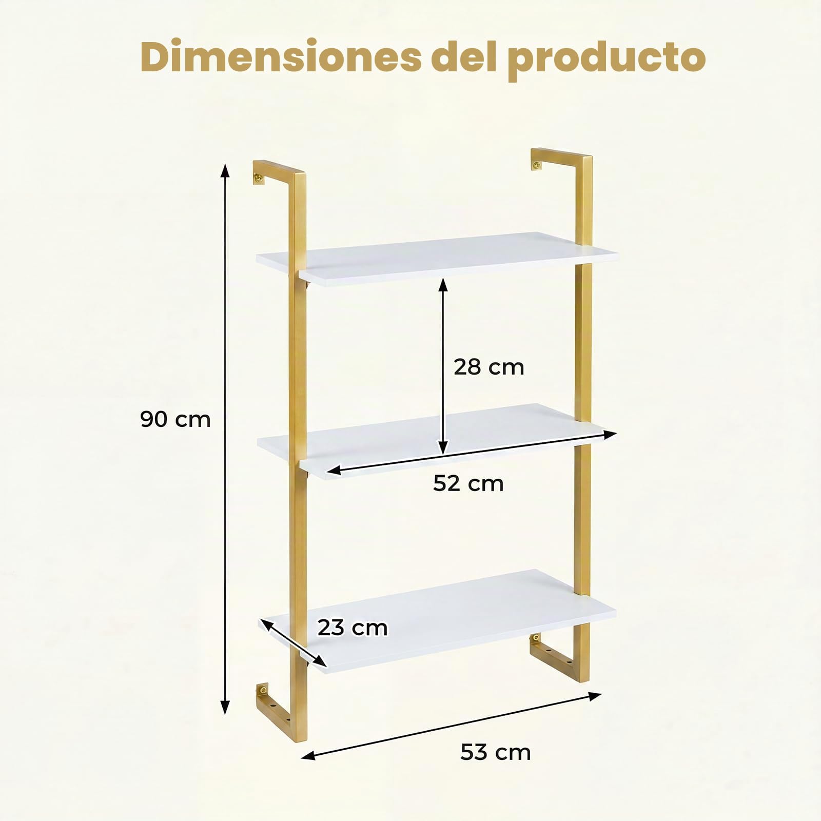KOMFOTTEU Estantería de Pared de 3 Niveles, Estante de Almacenamiento Suspendido con Estructura Metálica, Mueble Organizador para Oficina, Cocina, Salón, 53 x 23 x 90 cm (Dorado y Blanco)