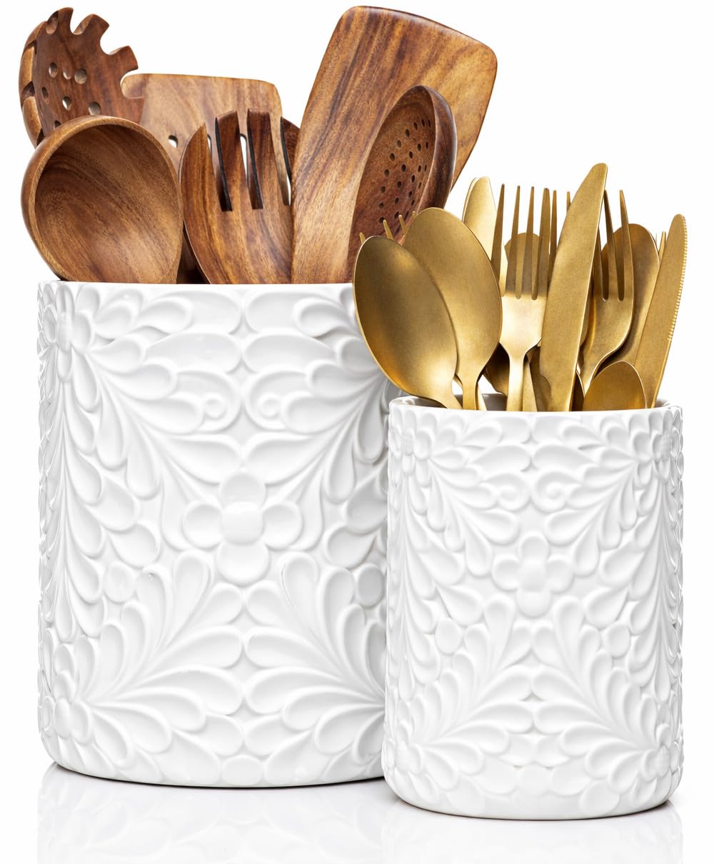 25DOL Large 7.3"+5.4" Engraved Ceramic Utensil Holder for Countertop, Cooking Utensils Organizer for Spatula, Large Utensils Crock for Kitchen Counter, Kitchen Decor, set of 2, White