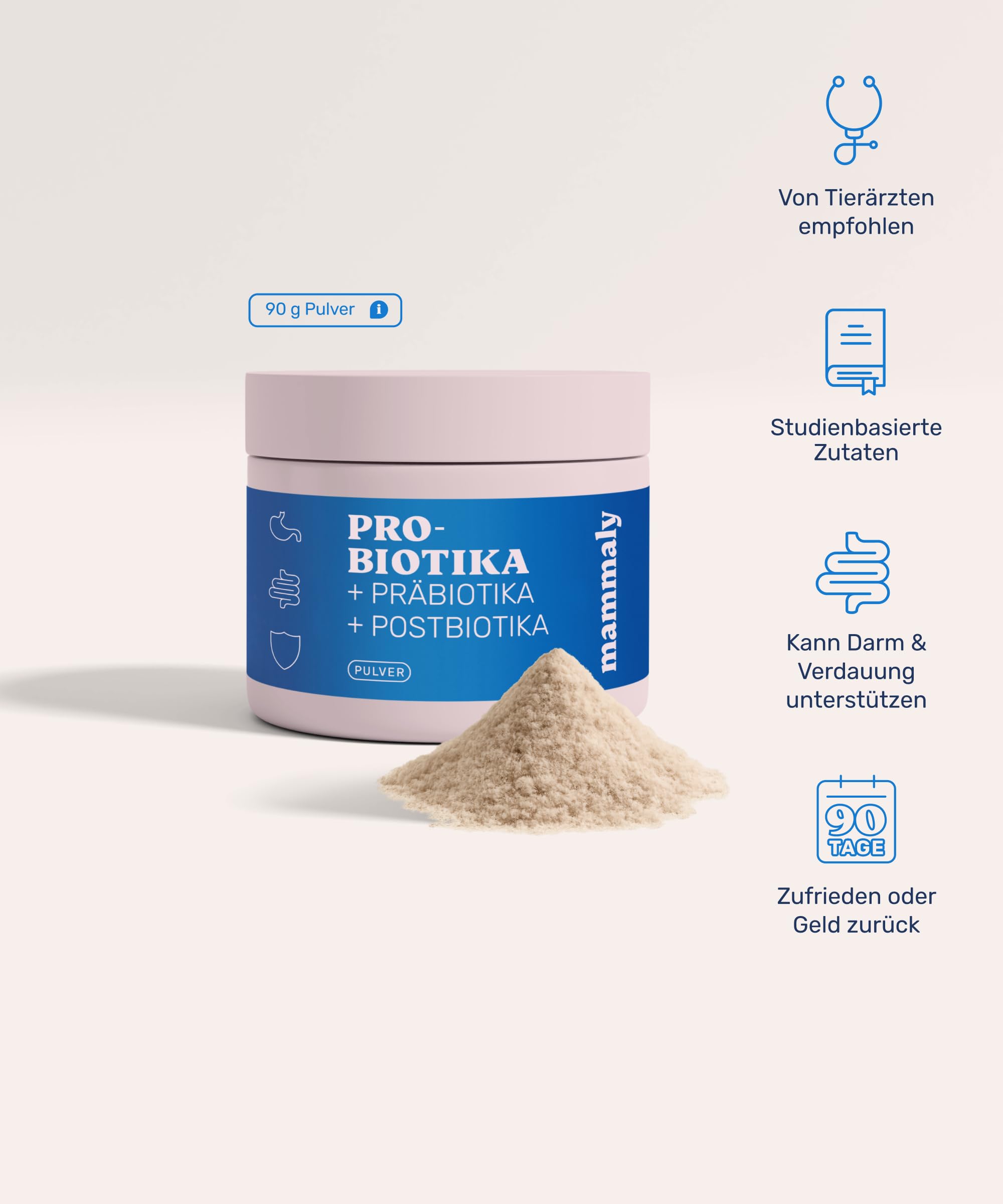 mammaly Probiotika Pulver für Hunde - Prä-, Pro- & Postbiotika - Inulin 12%, Flohsamenschalen 16% & Yang Hefe 16% - Darmflora & Verdauung - Hochdosierter Darmkomplex - 90g reichen bis zu 72 Tage