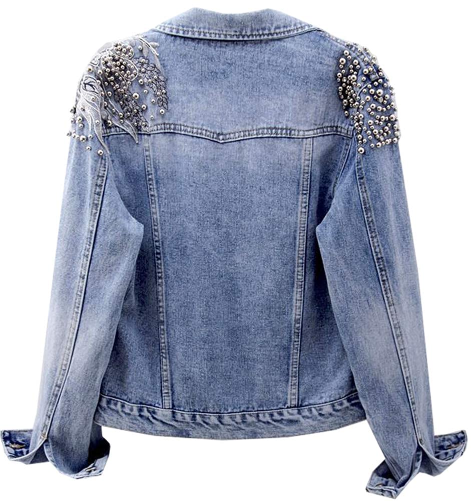 Kedera Damen Jeansjacke Langarm Westernnieten Nieten gewaschene Perlen Kurz Jeansmantel
