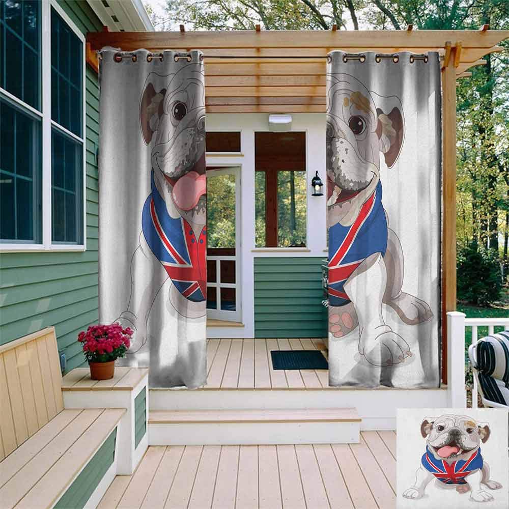 Outdoor Grommet Window Curtain English Bulldog Happy Dog Wearing a Union Jack Vest Cartoon Style Animal Design Grommet Curtains for Bedroom W72"x L96" Cream Navy Blue Red