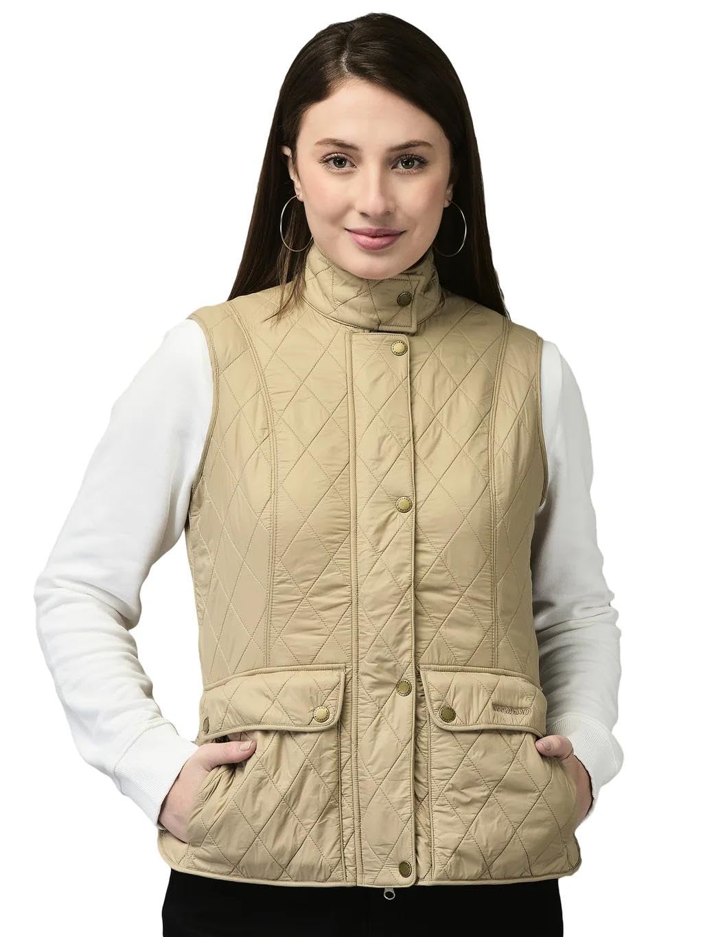 Women Sleeveless Quilted Lightweight Insulated Vest, Cream White Pepper Color, Regular Fit Winter with Front Zip & Button Placket, Layering Vest with Pockets