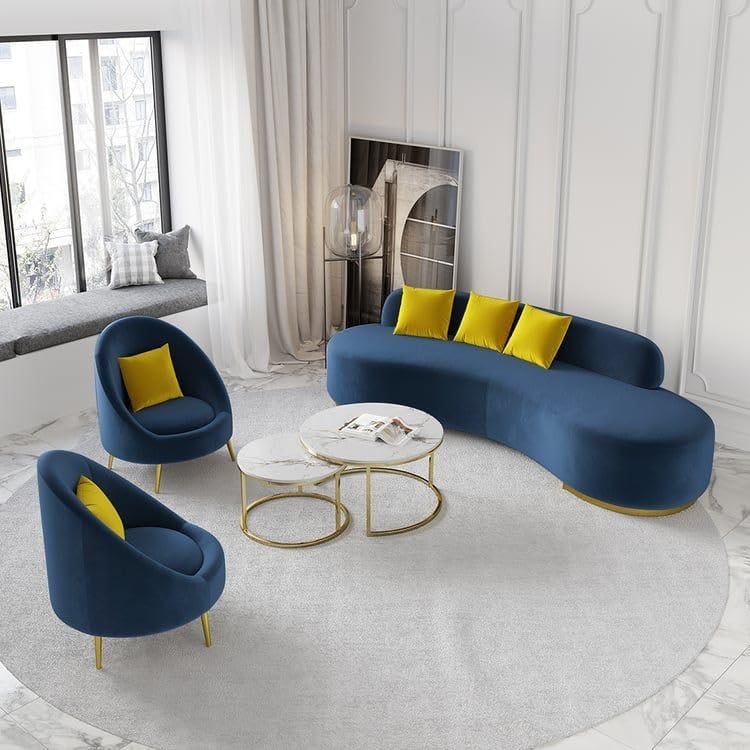 Image of LEGACY OF COMFORT Tara Upholstered Curved Sofa Living Room Set 3 Seater Sofa with 2 Chairs (Blue)