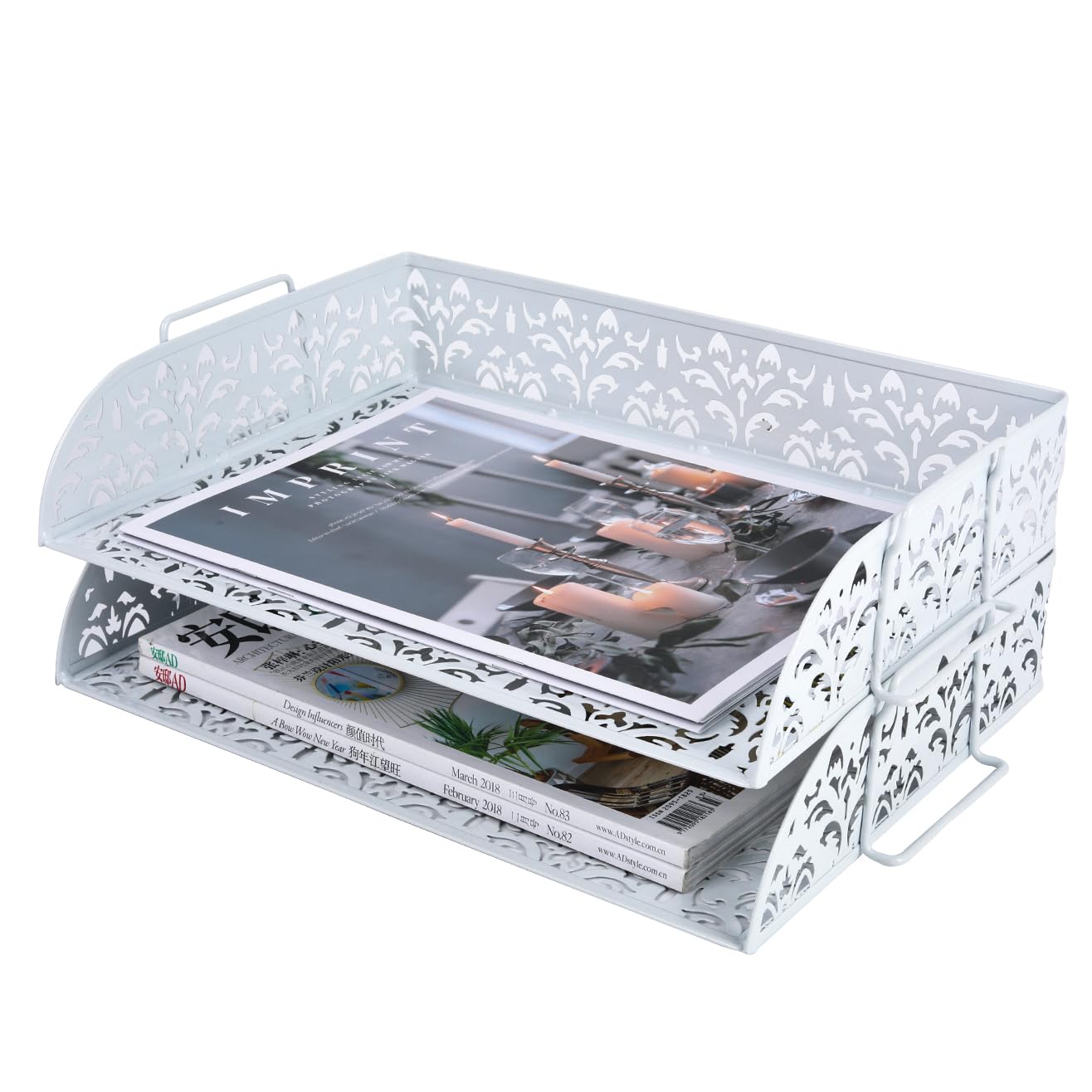 PAG 2 Tier Desktop File Organizer Metal Stackable Letter Tray Paper Holder Rack, White