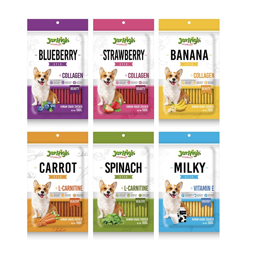 Jerhigh Real Stick Chicken Food with Spinach, Blueberry, Carrot, Strawberry, Milky and Banana Flavor Combo Set for Dogs Treat All Life Stages (100g) - 6 Pack by DogsNCats (B0CGV2CNPF) Amazon Price History, Amazon Price Tracker