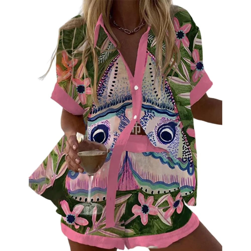 Womens Vacation Beach Two Piece Outfits Casual Floral Button Down Shirt Tops and Drawstring Shorts Summer Suit Sets