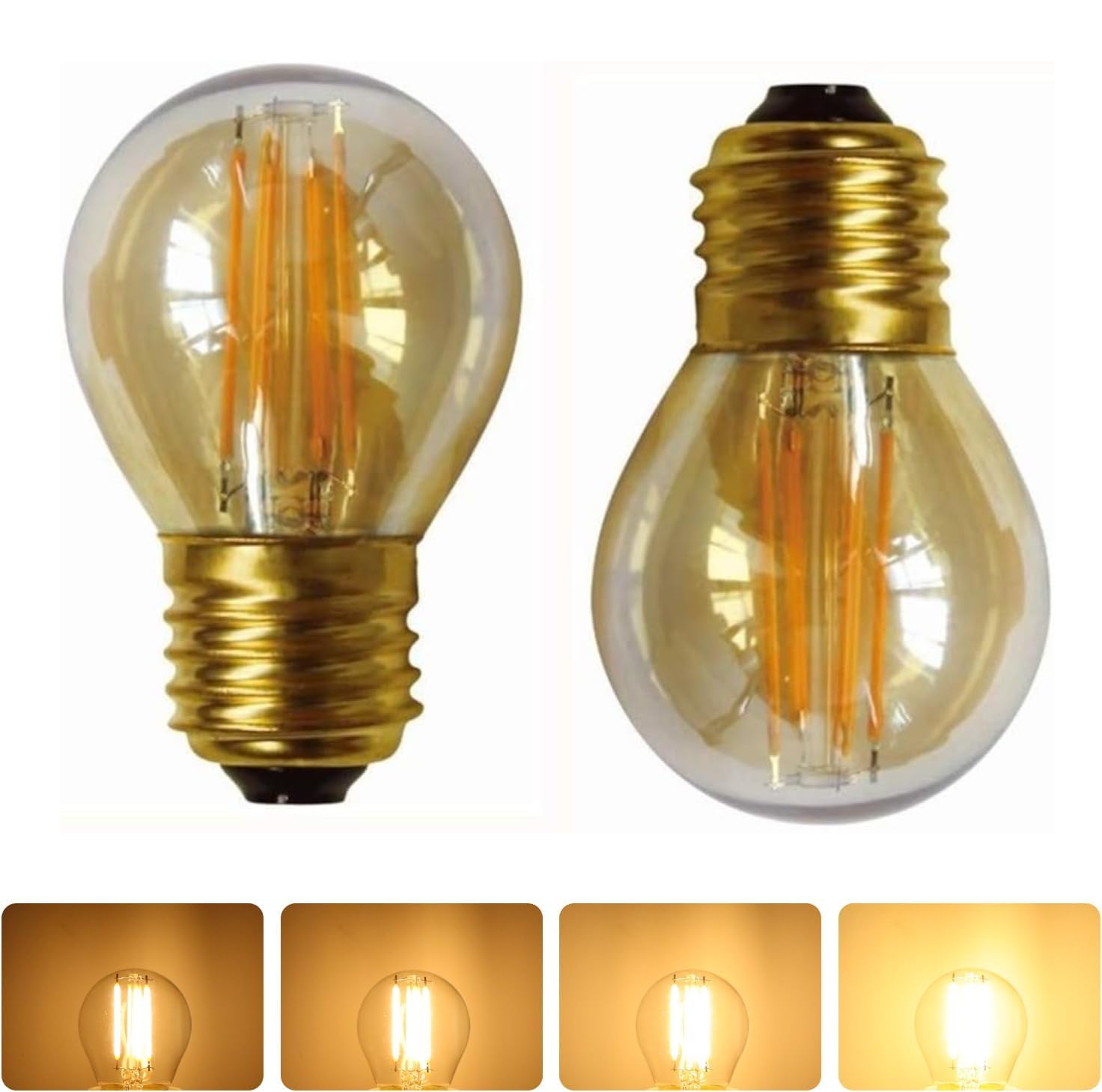 2 Pack 4W E27 LED G45 Filament Golf Ball Bulb Dimmable 0-100%, Gentle Warm White 2700K, 40W Equivalent, 360lm, E27 LED Vintage Glass Globe Bulb, Energy Saving Light, 220-240v, 1 Year Warranty