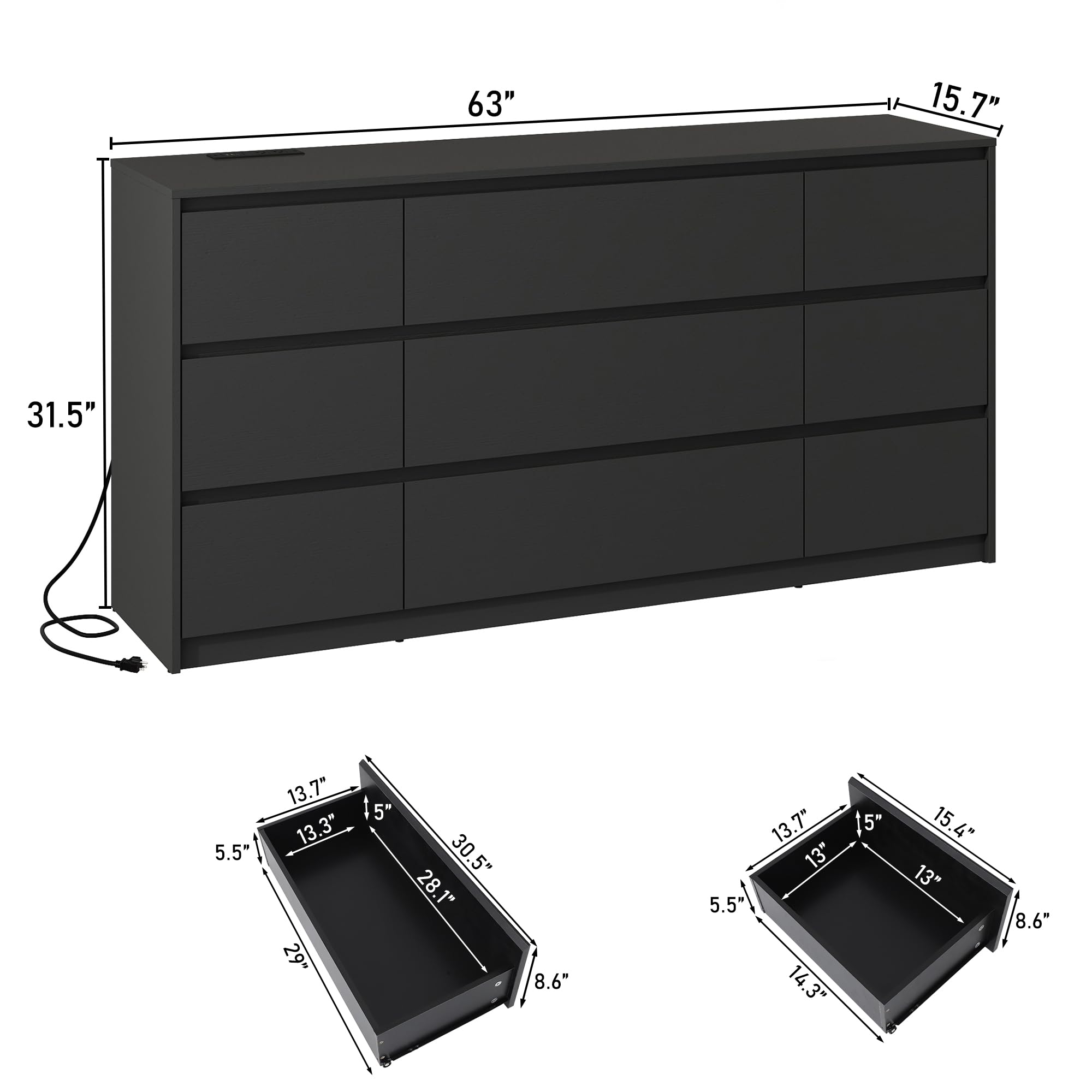 jiteentarou Black malm Dresser for Bedroom, 63 Inch Long 9 Drawers Dresser with Charging Station, Modern Large Wood Chest of Drawers Handle Free for Bedroom, Living Room, Entryway, Hallway, Black