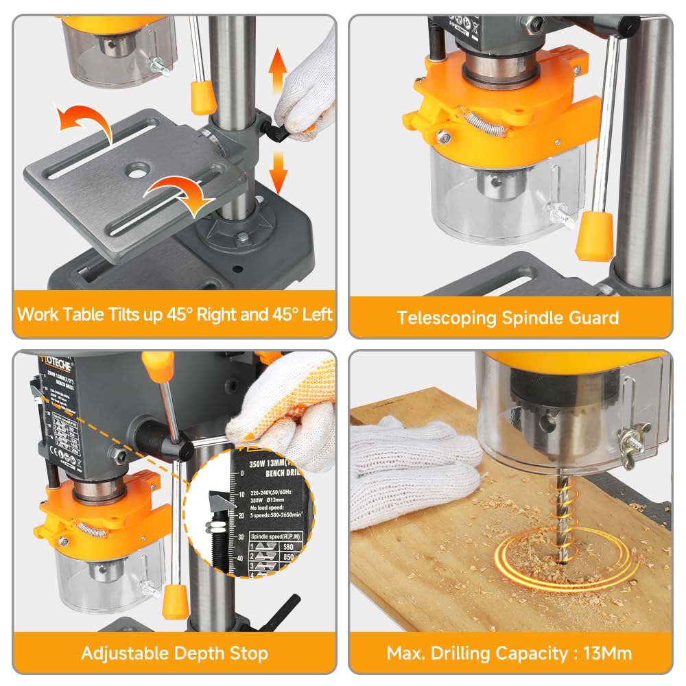 Hoteche 350W Säulenbohrmaschine 13mm | 5-stufige Drehzahl (580-2650 U/min) | MT2-Spindel | 50mm Hub | 160x160mm Arbeitsplatte | mit Schutzhaube für präzise Metall-/Holzbearbeitung