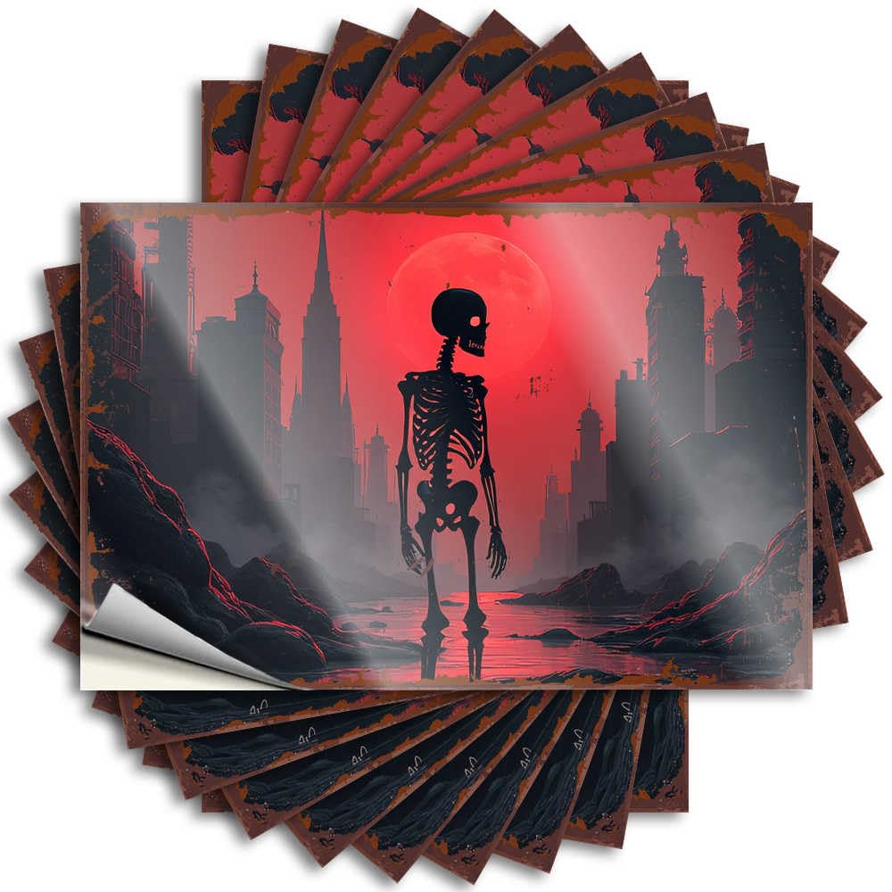 Skeletal Cityscape: A Haunting Sunset View Fire Tattoo | Unique Waterproof Vinyl Window Absorbing Removable Decal Peel Stick(8X12CM)