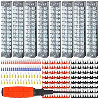 QCQIANG 8pcs Terminal Block, 15A 12 Positions Dual Row Screw Terminal Strip Block with Cover + 70Pcs Insulated Fork Wire Connector + 16Pcs Insulated Terminals Barrier Strip, Black