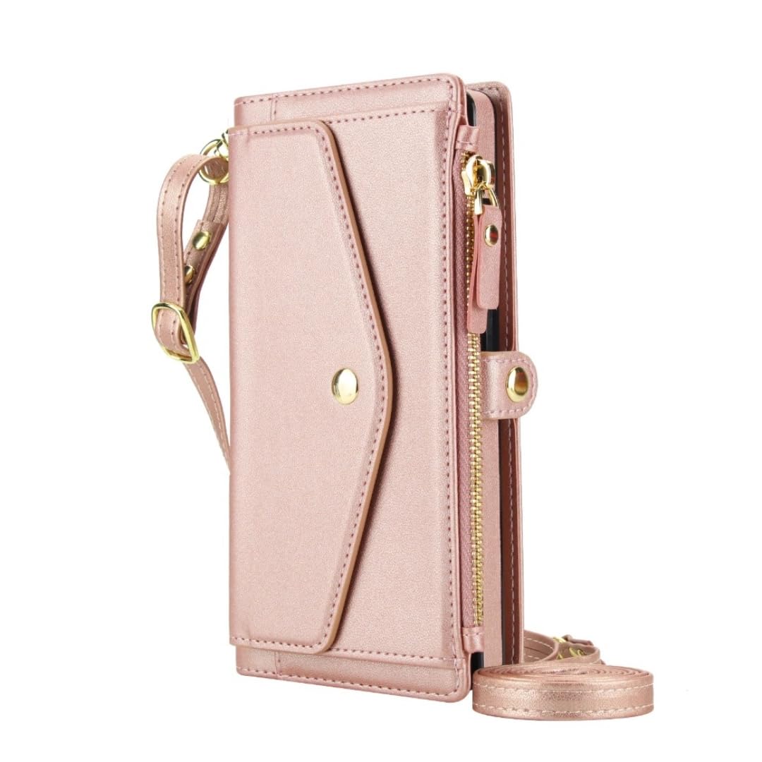 Étui Portefeuille bandoulière avec Porte-Cartes magnétique détachable pour Samsung Galaxy S25 Ultra S24 Plus S23 A16 A36 A56 A55 A35 A15 (pour Galaxy S20 Ultra/Rose)