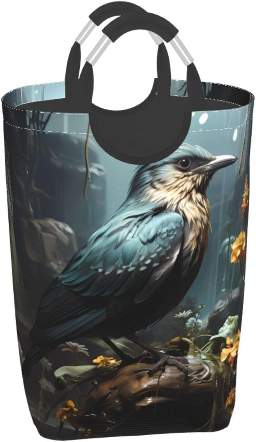 Black Bird and Flower Square storage bag 50L, suitable for multiple scenes, foldable dirty clothes storage basket.