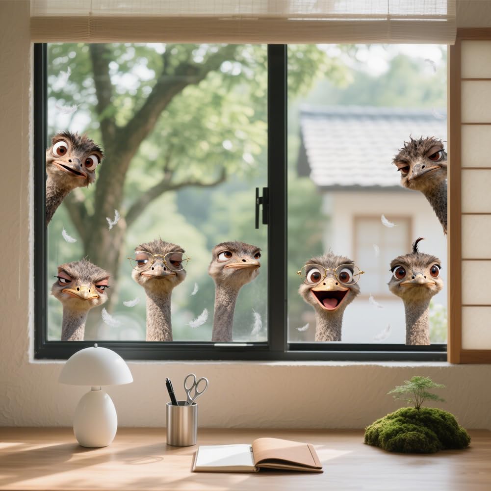 ANATTASOUL Animal Static Window Stickers Large Funny Ostrich Peeking Out Reusable Window Clings for Glass, 47.24" x 11.8" Removable Double Sided Window Decals for Room Office Home Kitchen Decoration