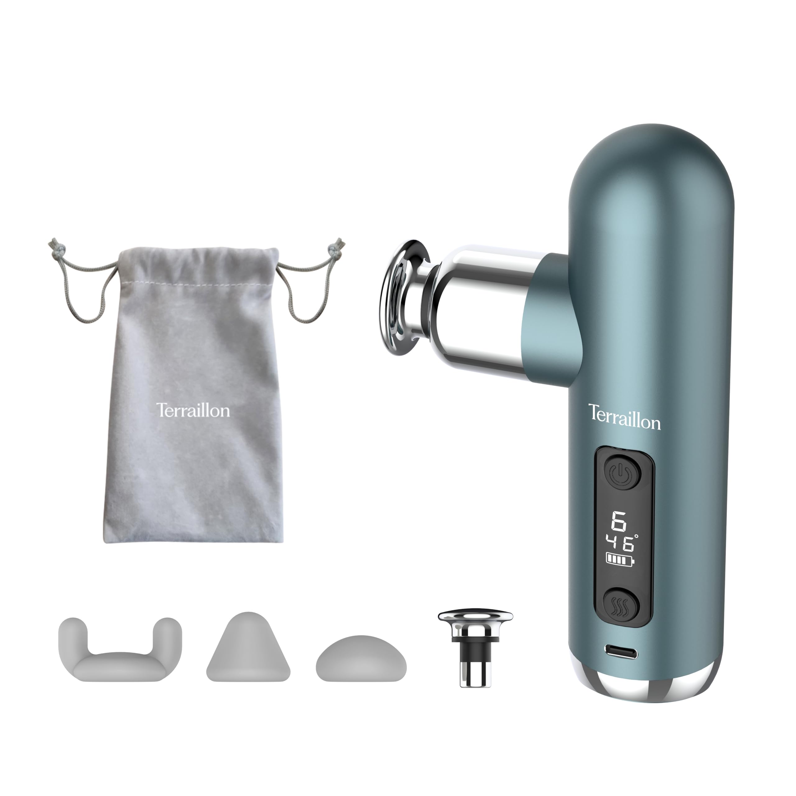 TERRAILLON - MINI MASSAGER - Pistolet de massage, détente et relaxation, 6 vitesses, 4 embouts, zone chauffante, 800-​3200 rpm, massage à l'huile, USB-​C, 5h autonomie, Bleu-​Vert
