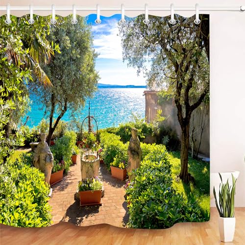 Jardin balnéaire ensoleillé avec de Beaux paysages Décoration de Salle de Bain, 3D HD, Rideau de...