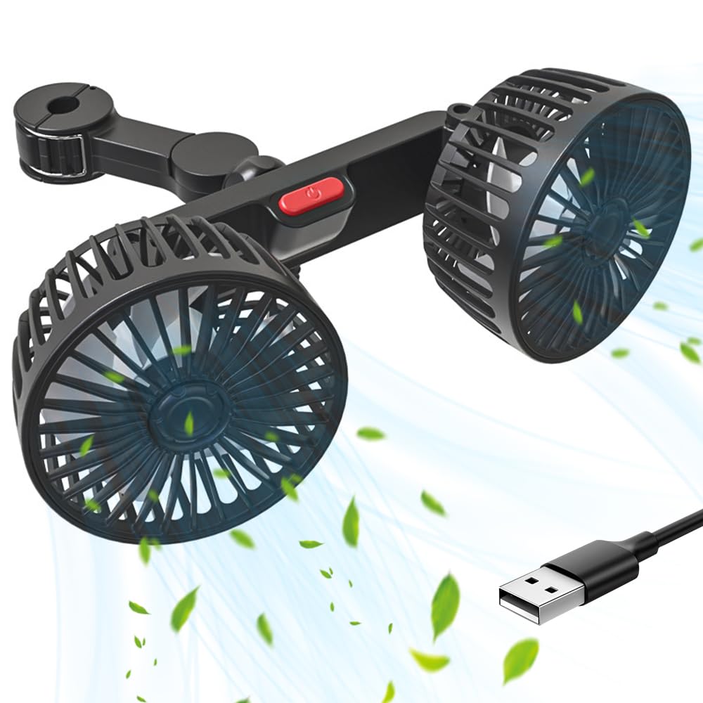 Ventilatore Per Auto Drosica A Doppia Testa, USB 5V, Girevole 360°, 3 Velocità, Clip Regolabile Per Sedile Posteriore (Bambini E Animali)