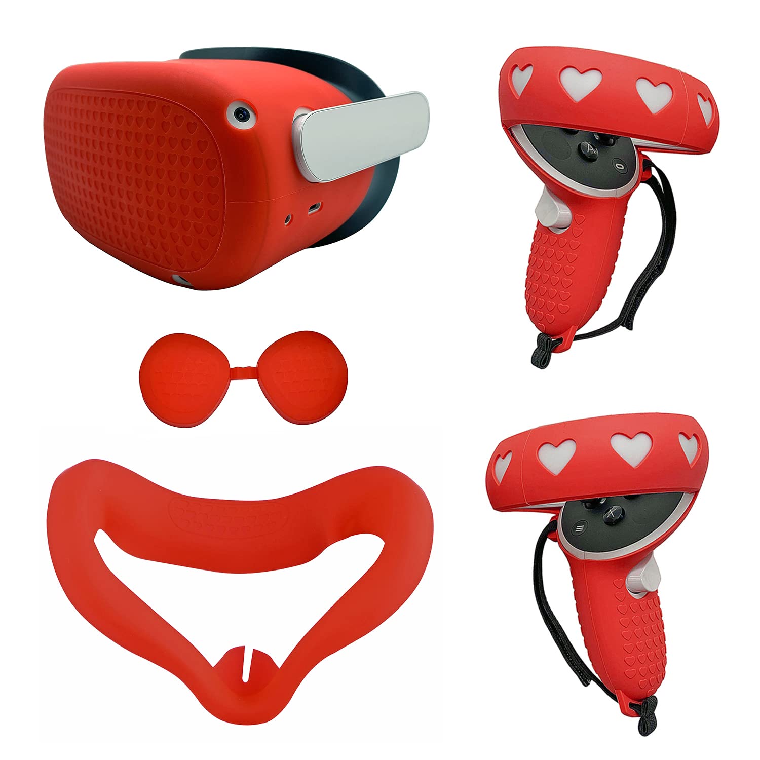 AreMe Silikonowy pokrowiec ochronny ze skóry zestaw akcesoriów do Meta/Oculus Quest 2, z przednią osłoną VR, osłona twarzy, osłona obiektywu ochronnego, pokrowiec na kontroler dotykowy (czerwony)