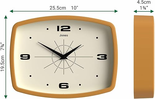 Miniatura 4 de JONES CLOCKS Reloj de pared de película  Reloj retro rectangular  10 pulgadas  Amarillo mostaza  Aspecto de diseñador fresco de mediados de siglo