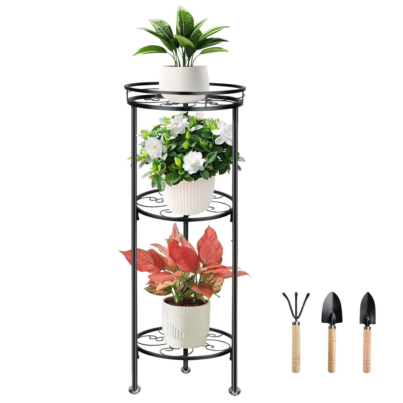 Chostky Soporte para plantas de 3 niveles para interior y exterior, maceta de metal, soporte para plantas, resistente y resistente, soporte para plantas redondo inoxidable con accesorios de jardín