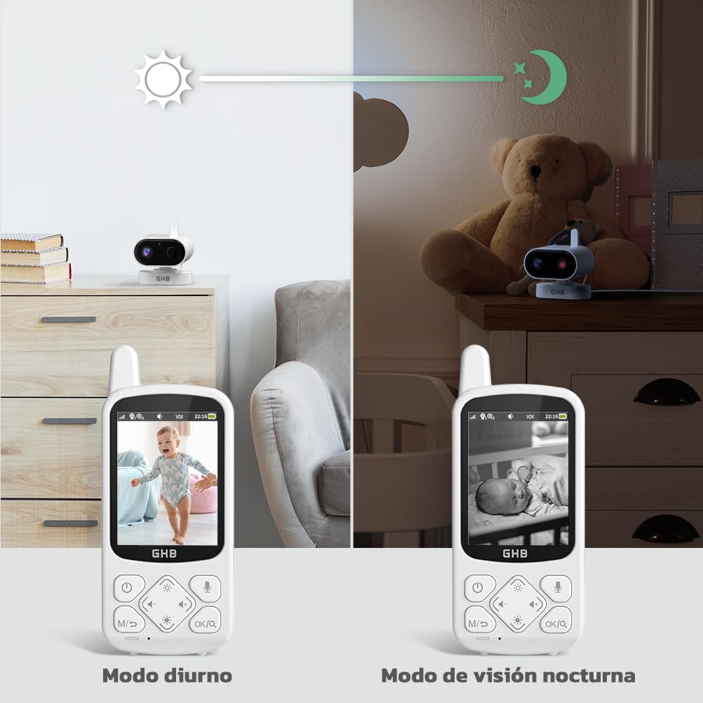 GHB Camara Vigilancia Bebe Vigilabebes con Camara con Pantalla IPS 2.8" 720P Recargable de 2000mAh Visión Nocturna 8 Canciones de Cuna Comunicación Bidireccional VOX Escucha Bebes