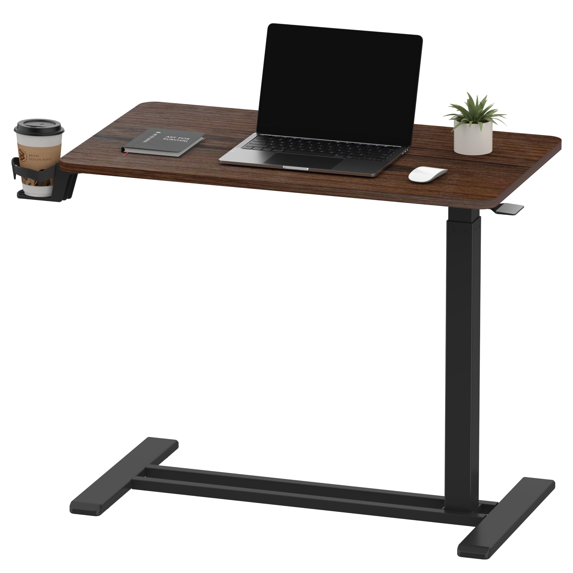 SANODESK Medical Adjustable Overbed Bedside Table with Hidden Casters, Pneumatic Mobile Laptop Computer Standing Desk Cart with Tray, Hospital and