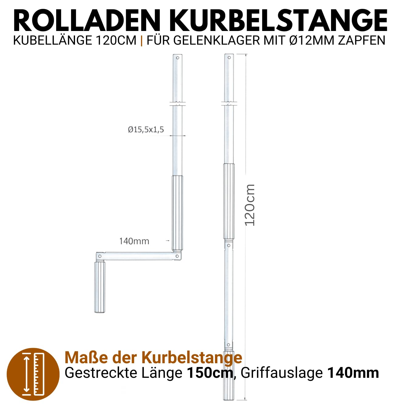 Rolladen Kurbelstange 120cm [Eloxiert], Hand-Kurbel für Gelenklager mit Ø11,9mm Zapfen - Rolladenkurbel rostfreies Aluminium mit ergonomischem Handgriff - markiso®