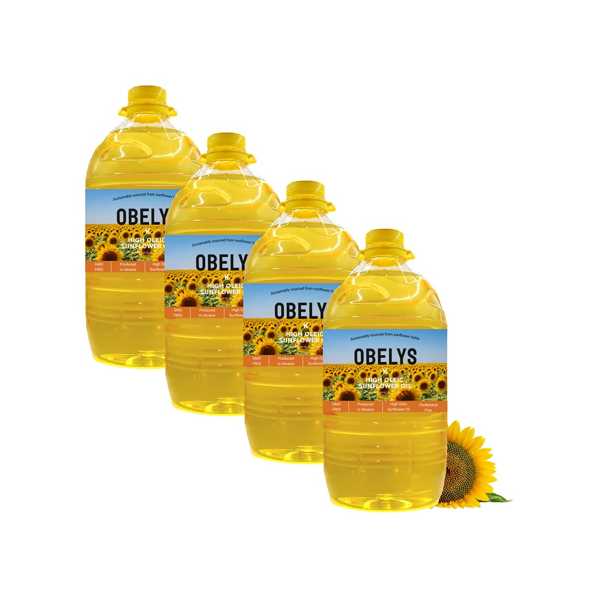 Obelys High Oleic Sunflower Oil | 4 Pack 1.3 Gallon Jug - Neutral Oil For Medium to High Heat Cooking, Non-GMO, Kosher, Cholesterol Free | 5L / 169 Oz