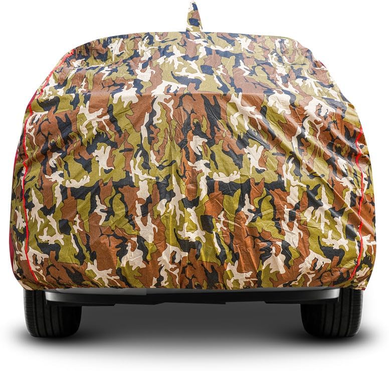 Image of Waterproof Car Cover for Maruti Wagon-R 2011-2017 Ultimate Protection-Mirror & Antenna, Soft Cotton Lining Inside, Triple Stitched,Full Bottom Elastic (Army Green with Red Piping)
