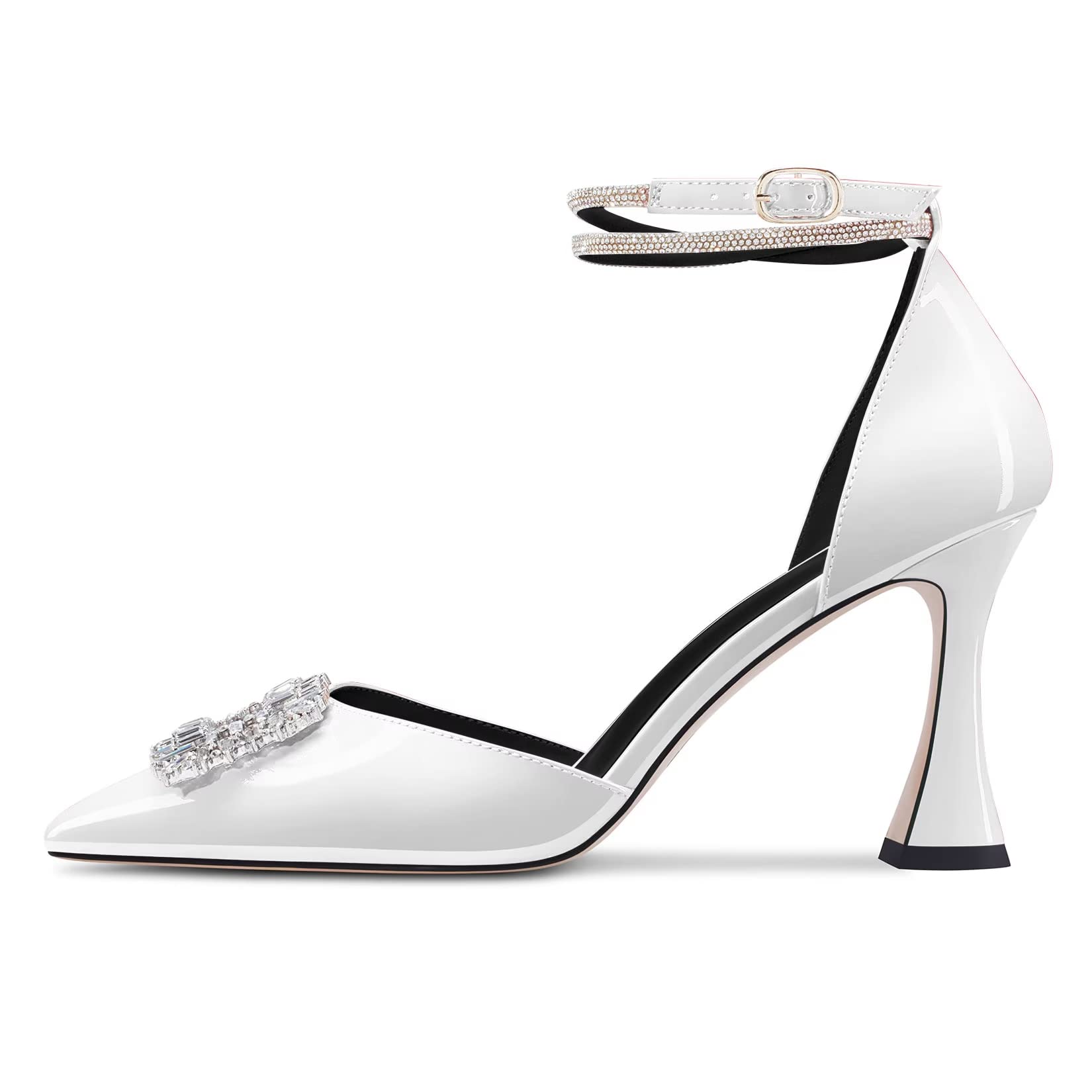 Castamere Femmes Haut High Bloc Chunky Talon Heel Lanières Cheville Diamant Cristal Pointu Bout Escarpins 8.5 CM Heels