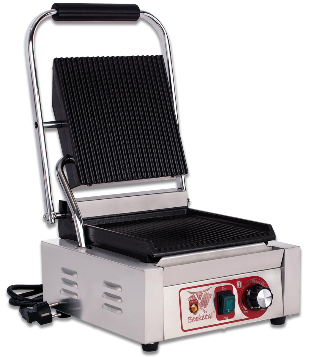 Beeketal Profi Gastro Kontaktgrill BKG1 | 1800 Watt Gusseisen-Grillplatten oben & unten gerillt | Edelstahl Tischgrill 50-300 °C für Gastronomie & Gewerbe