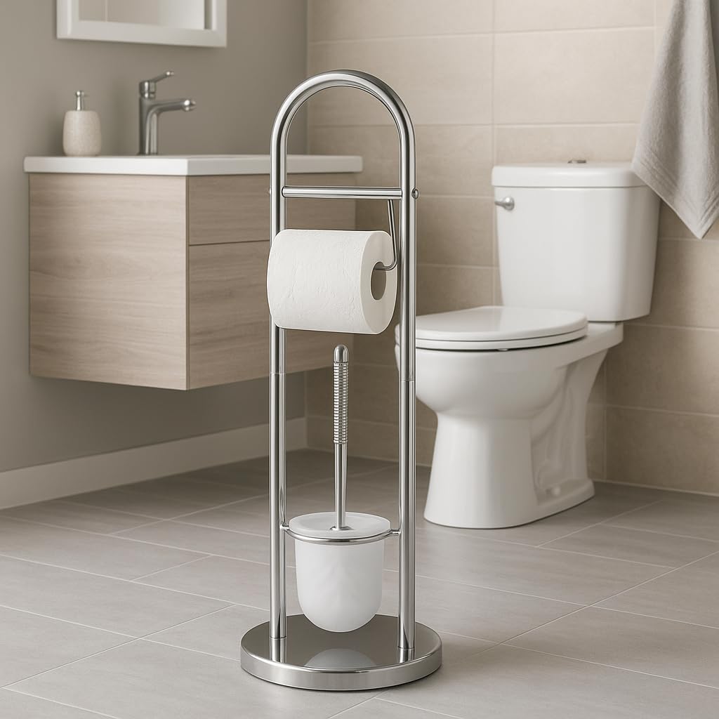 Set Porta Carta Igienica e Scopino WC - 20x65 cm Piantana da BAGNO Portarotolo e Scopino in Acciaio Inox - Porta Rotolo Carta Igienica Da Terra con Design Salvaspazio -Teddy