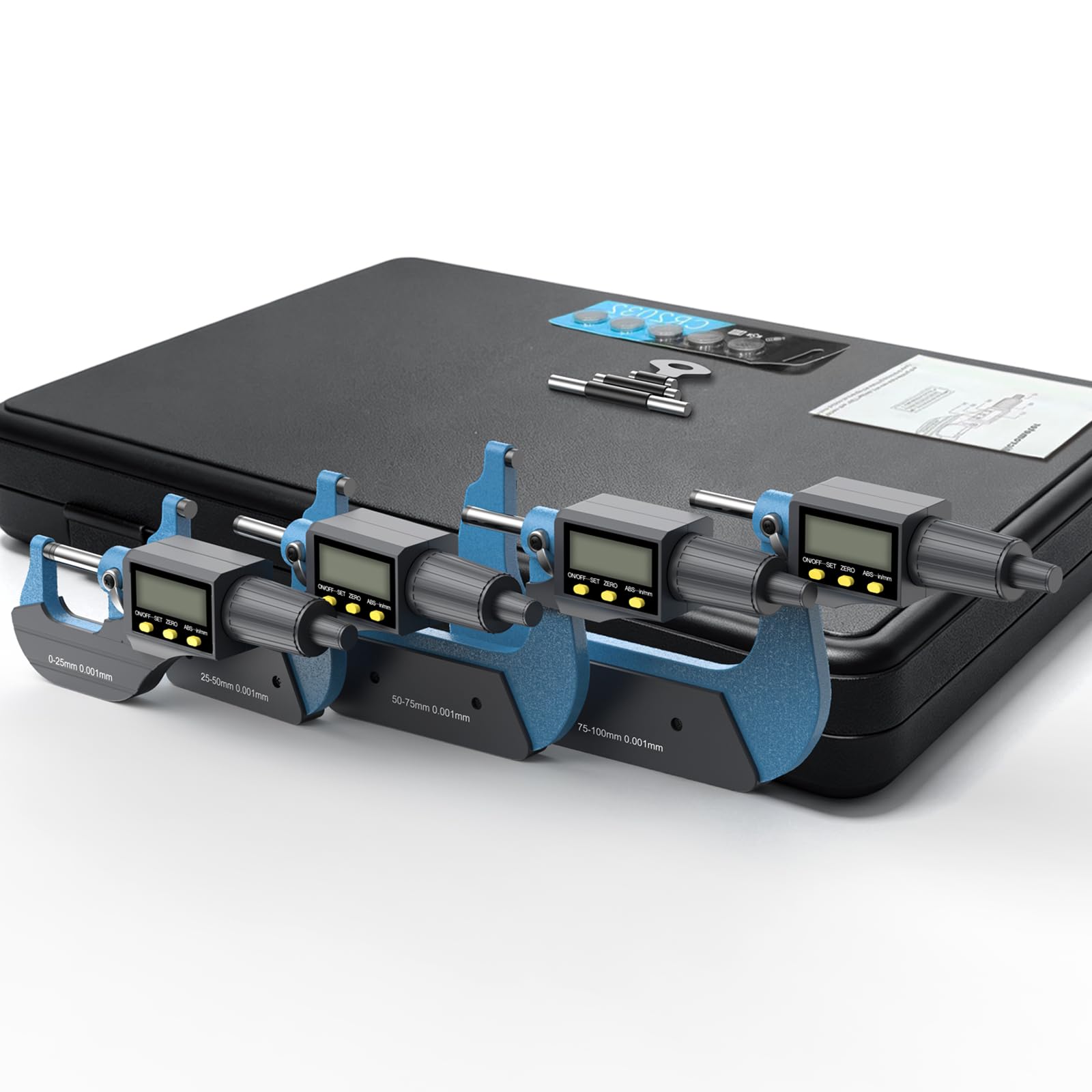 HDLKNAK - Juego de micrómetros digitales, kit de herramientas de precisión de 4 piezas, rango de 0 a 100 mm, precisión de 0,00005 pulgadas, medidor de grosor con pantalla LCD grande y funda protectora