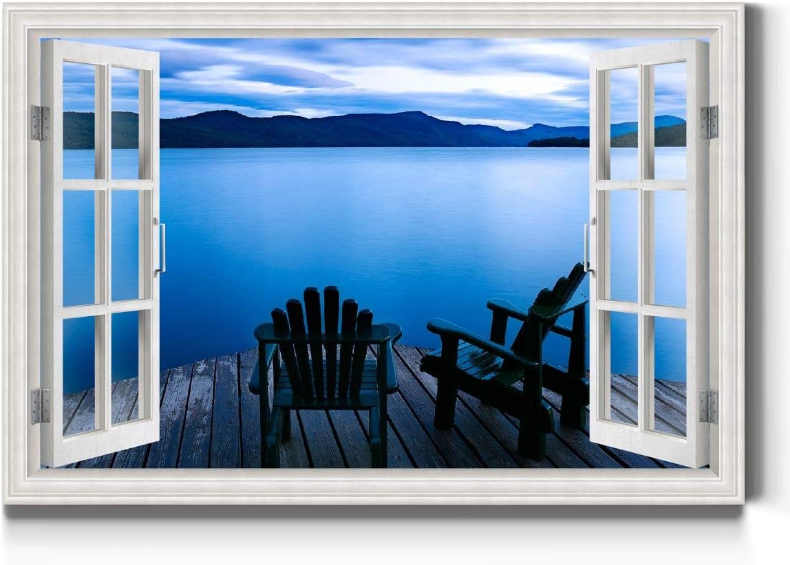 Renditions Gallery Deck Chairs Window Wall Art, Beautiful Lake View, Scenic Nature Artwork, Premium Gallery Wrapped Canvas Decor, Ready to Hang, 12 In H x 18 In W, Made in America Print