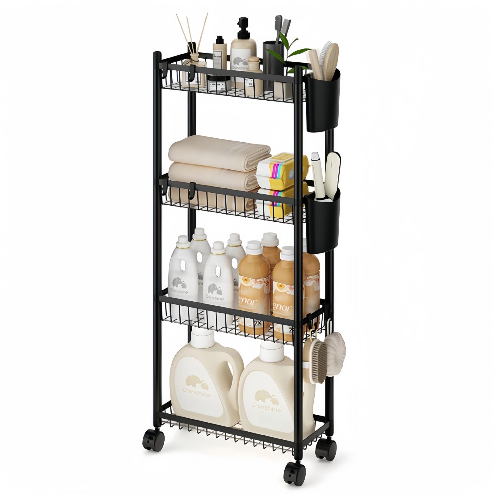 Slim Storage Trolley on Wheels, 4 Tier Narrow Kitchen Trolley, Black