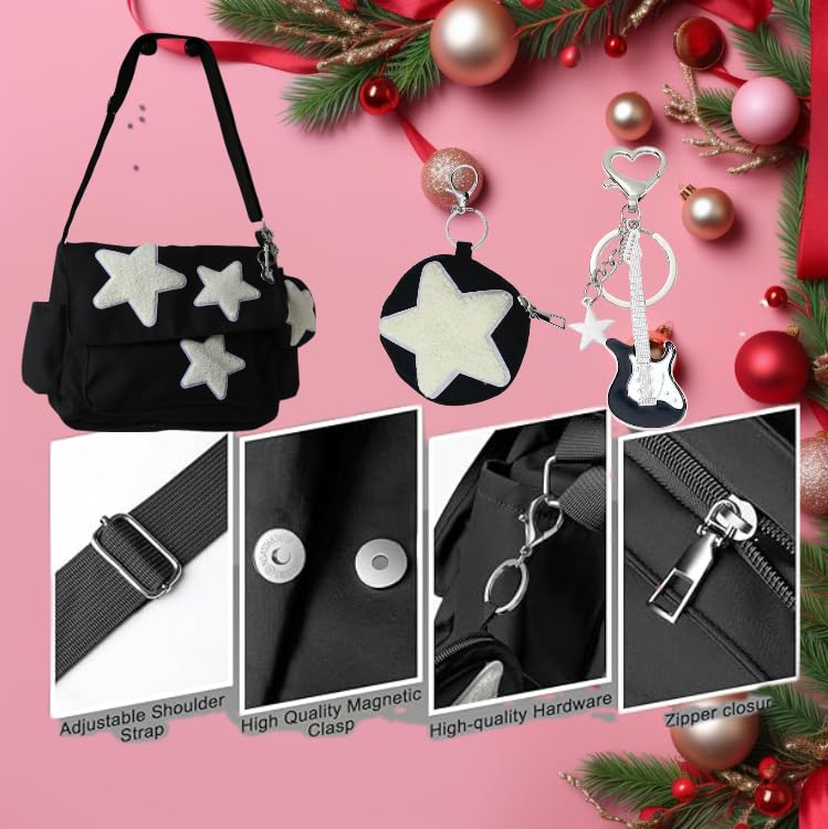 Cute Messenger Bag with Star Cute Coin Purse and y2k keychain,Y2K Star Grunge Bag Shoulder Tote Purse.Tote Book Bag4