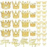 44 PCS Gold Crown Cake Decoration 16 PCS Mini Crown Tiny Crown with 24 PCS Butterfly Wall Decors and 4 PCS Birthday Cake Topper for Women Girl Crown Birthday Party Wedding Cake Decor
